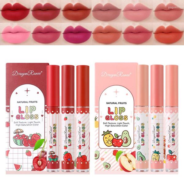 Lucidalabbra 3 colori/set Set di frutta opaca Idrata naturale Velluto duraturo impermeabile Kit rossetto liquido rosso sexy Cosmetici di bellezza