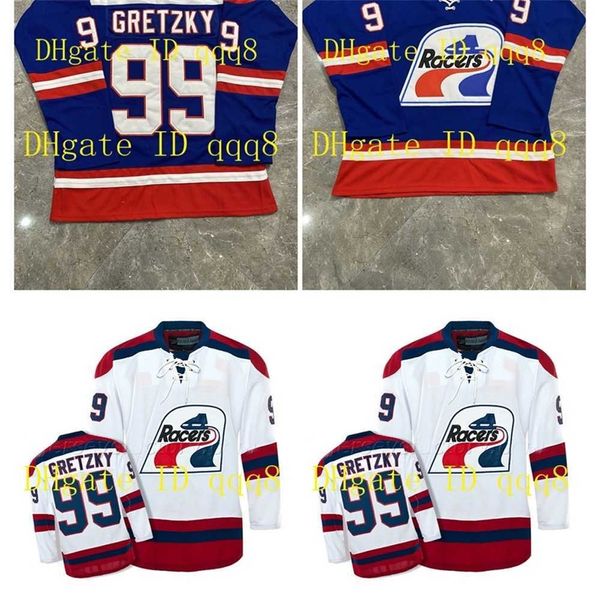 qqq8 99 Wayne Gretzky WHA Racers Jersey Blau Weiß 1978-79 Vintage Retro-Hockey-Trikot mit beliebiger Nummer und Namen genäht