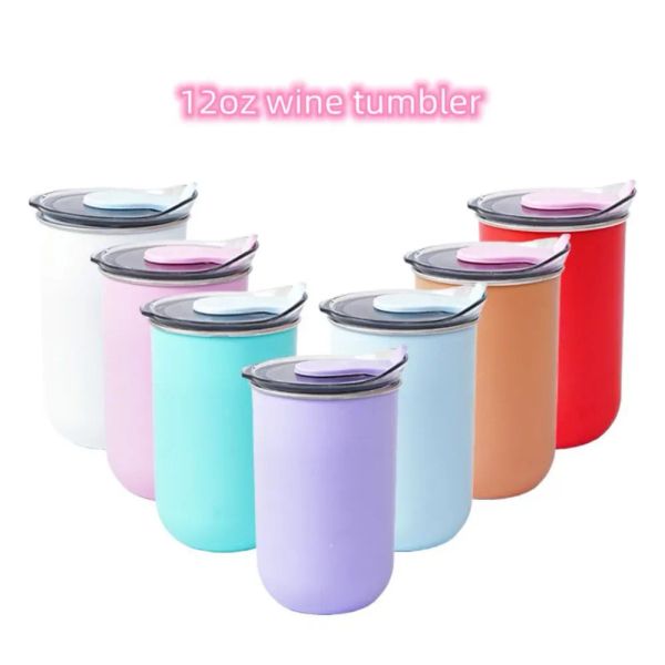 Tumbler de vinho de 12 onças com tampa colorida de aço inoxidável de aço único a vácuo de parede com copos de vinho isolados caneca de café por atacado