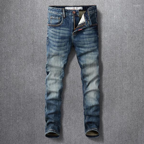 Erkekler kot sokak kıyafeti moda erkekler retro mavi elastik ince uyum vintage Kore nakış tasarımcısı gündelik denim pantolon hombre