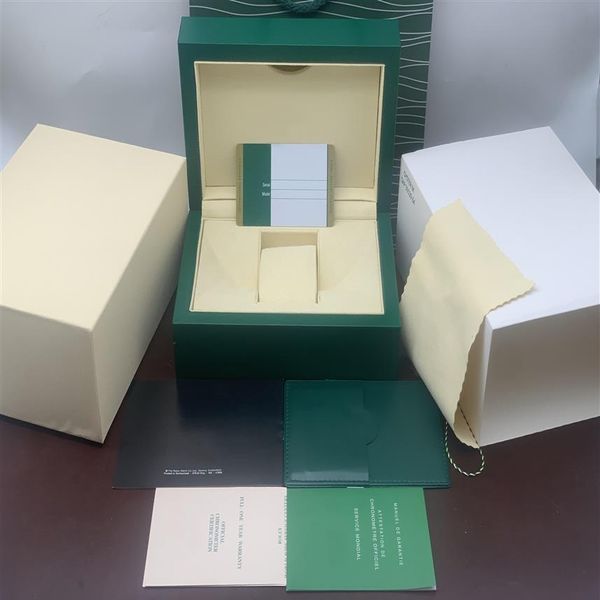 Custodia regalo per orologio verde scuro di qualità per orologi Libretto stampabile con cartellino e documenti in inglese Swiss Top Men Watches Box235A