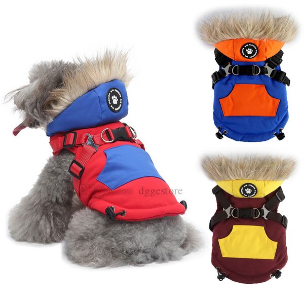 Abbigliamento invernale per cani Cappotto caldo per animali domestici Giacca impermeabile per cani con imbracatura Cintura di trazione Animali domestici Fodera in pile per esterni Felpa con cappuccio Cuccioli Vestiti per la stagione fredda per cani di piccola taglia S A510