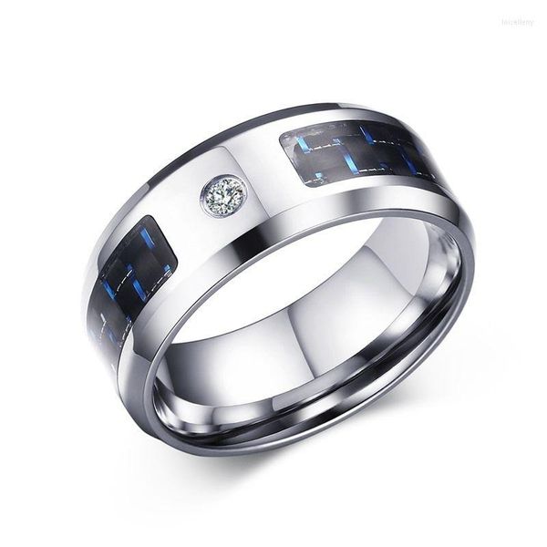 Обручальные кольца изысканная титановая сталь 8 мм синий/черное углеродное кольцо мужчины панк CZ Band Sz7-11 Обручальные ювелирные изделия