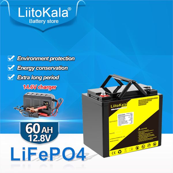 LiitoKala 12V 60Ah 50Ah LiFePo4 Bateria Lithium Ferro Fosfato 12.8V LiFePo4 Baterias recarregáveis para Scooters infantis Motor de barco com carregador 14.6V Grau A