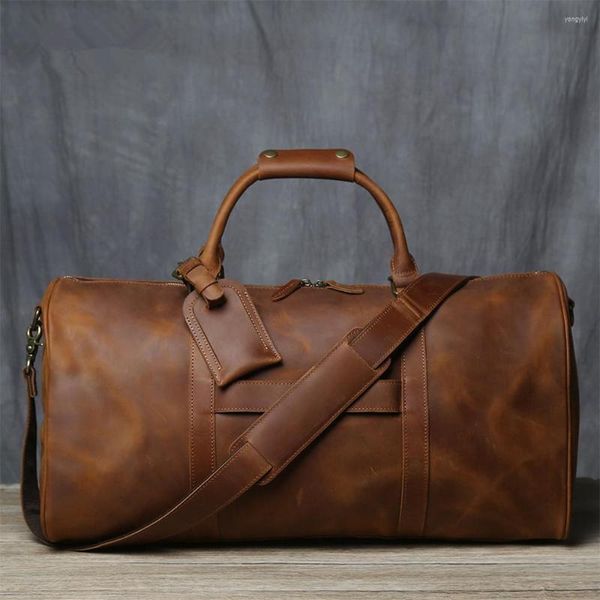 Duffel Bags Retro Men's Hand Bugage Bag Travel Geunine кожаная мощность одно плечо -мессенджер для 15 -дюймового ноутбука