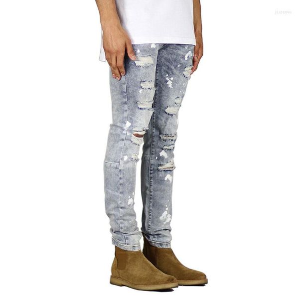 Jeans da uomo Moda Uomo Strappato Foro Casual Pantaloni da uomo magri Pantaloni da uomo in denim con spruzzi di inchiostro Hip Hop Pantalon Homme