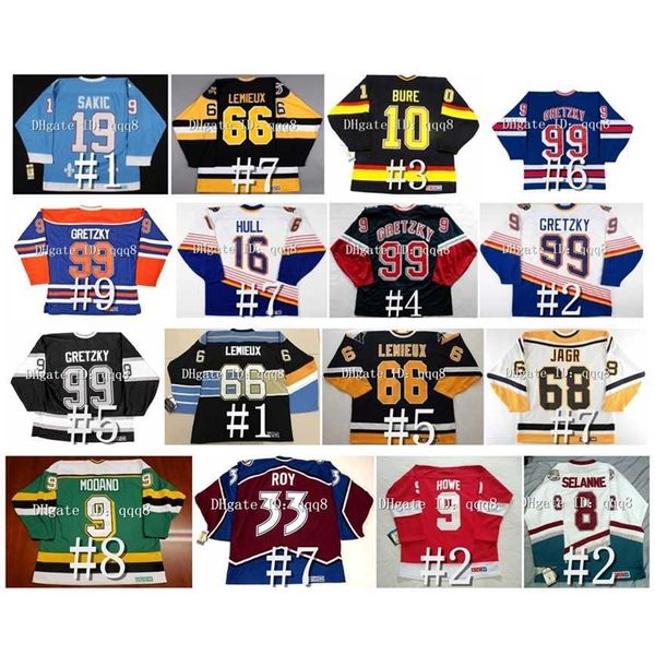 q888 Maglia da hockey vintage Wayne Gretzky Joe Sakic Eric Lindros Bobby Clarke Lemieux Mark Messier Brett Hull Mike Modano Jaromir Jagr Hextall