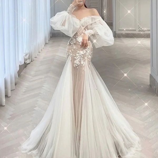 2023 Backless Boho Abito da sposa in pizzo Appliqued Summer Beach Robe Abiti da sposa maniche lunghe Tulle Loves Outdoor Lady Abiti da matrimonio abiti da sposa