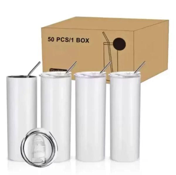 Estoque dos EUA DIY 20oz Sublimartion Tumblers retos com fundo de borracha de palha de aço Caneca de caneca de caneca de caneca em branco de aço de aço garrafa de água em branco