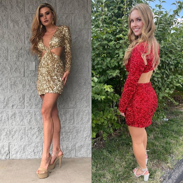 Paillettes NYE Party Dress 2023 Cut-Out Fessura Maniche lunghe Lady Short Evento formale Cocktail Hoco Gown Club Date Night Prom Pageant Interview Gala Vacation Sexy Gold Red V