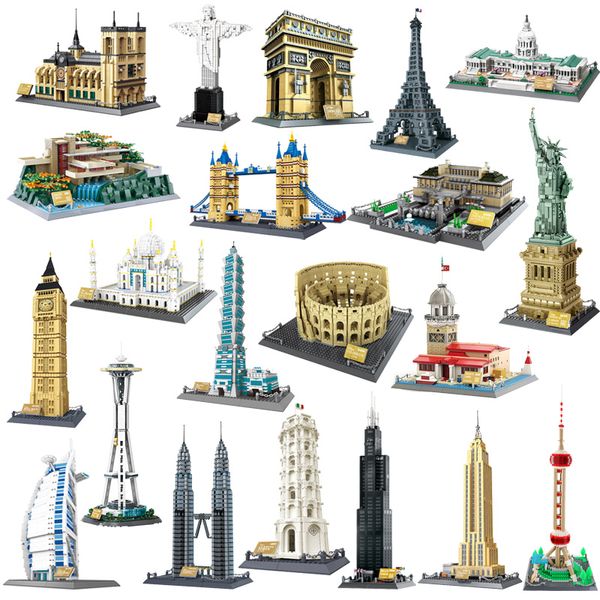 Kit di blocchi di costruzione modello fai-da-te Edifici di architettura mondiale famosi Modelli Ornamenti Puzzle 3D Mattoni Bambini Intelligenza Apprendimento Giocattoli educativi