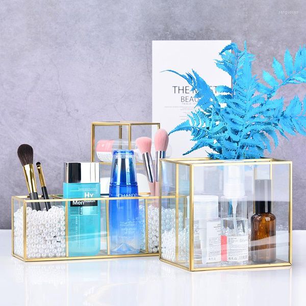 Caixas de armazenamento Golden Luxury Clear Glass Makeup Box Plaid Brushes Cosmetices Jóias Organizador Lápis Lipstick Suporte