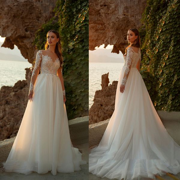 Abiti da sposa a-line bohémien con scollo a V maniche lunghe in pizzo applicato Boho Abiti da sposa Abiti da sposa su misura Plus Size Beach