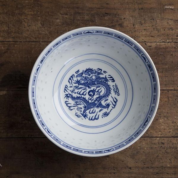 Tigelas jingdezhen azul e branco porcelana hollow ramen tigela vintage dragão chinês padrão arroz de cozinha de mesa de mesa de mesa