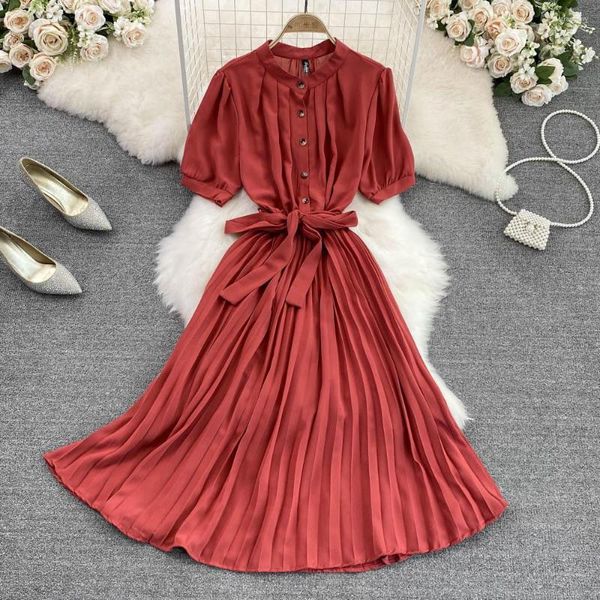 Vestidos de festa Francês vintage plissado gole de pescoço de traje longo vestido de verão de festa dobra o escritório elegante feminino drapeado túnica vestidos