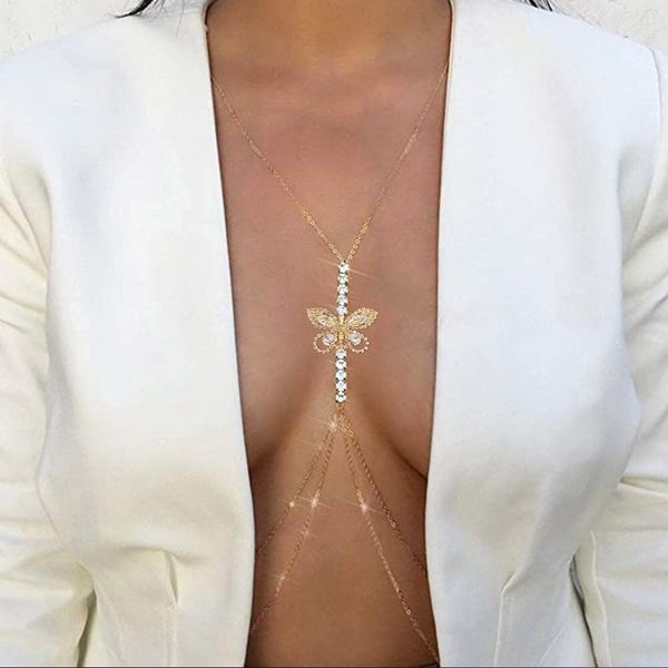Şenlikli çok yönlü parlayan boyun bel kelebek zincirleri vücut zinciri seksi süper parlak tam elmas meme zinciri kadın takılar