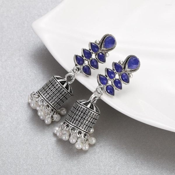 Baumelnde Ohrringe Ethnische Vintage Blau CZ Frauen Pendient Rerto Gyspy Silber Farbe Glocke Quaste Ohrring Schmuck Ohrringe Kleiderbügel
