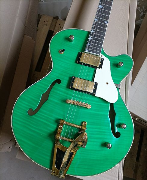 6 Strings Green Semi Hollow Electric Guitar com Big Tremolo Rosewood Wartbond Flame Maple Meneer personalizável