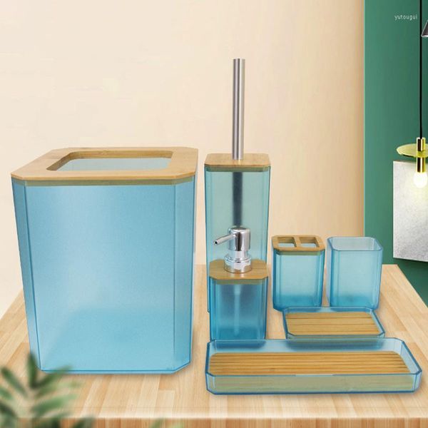 Conjunto de acessórios de banho 7pcs acessórios de banheiro de bambu Kit de sabão de sabão plástico copo de escova de copo de copo de banheiro lixo