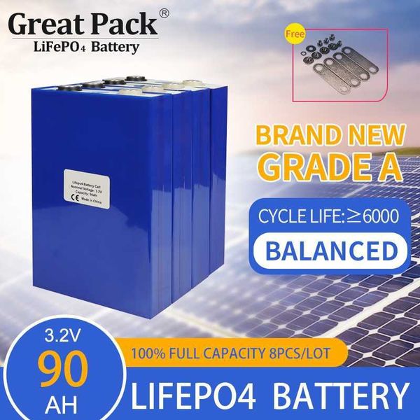 Deep Cycle 8PCS 3.2V 90Ah Solar Power Bank Battery Cell LiFePO4 Ricaricabile Brand New Grado A Ioni di Litio con sbarre collettrici per CAMPER
