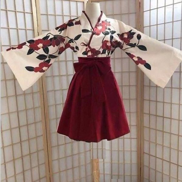 Abbigliamento etnico 2 pezzi Set Kimono da donna in stile giapponese Stampa floreale Ragazza vintage Hanbok orientale Costume da amore Haori Yukata Abito da sposa asiatico