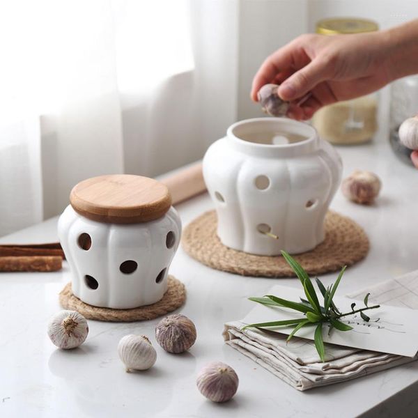 Garrafas de armazenamento Creative Ceramic Gerlic Ginger Tank Jar jarra de bambu Ferramentas organizadoras de cozinha Acessórios para decoração doméstica