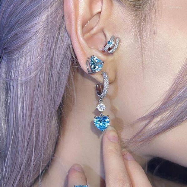 Brincos de backcs azul zircão de coração clipes de orelhas sem piercing fofo assimétrico para meninas mulheres 2023 jóias de elfos de moda