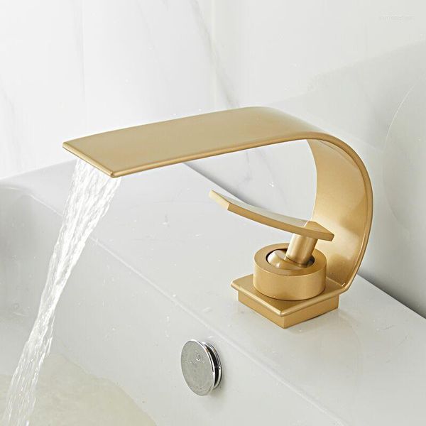 Faucets da pia da pia do banheiro Mistor moderno da batida de tampa de lavagem preta de ouro preto Brilhão de maçaneta única e cachoeira fria