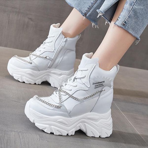 Kleiderschuhe Frühling Herbst Winterhöhe zunehmende Plattform Chic Metal Chain Mesh in echten Leder Frauen High-Top-Sneaker