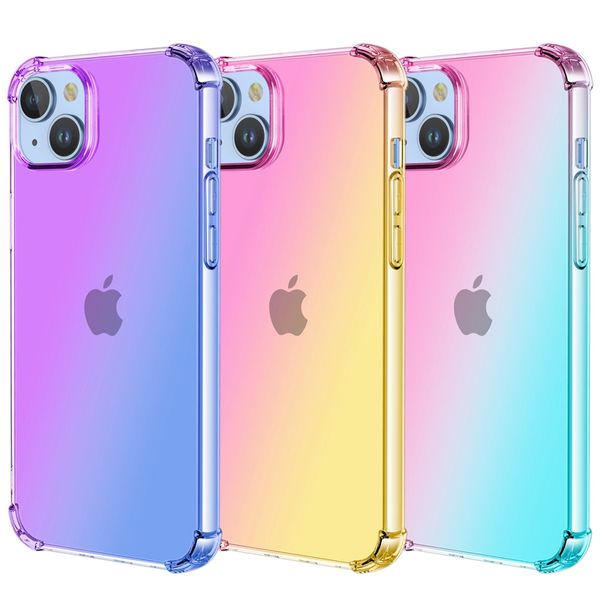 Custodia per telefono Tpu a colori graduali arcobaleno Quattro angoli anticaduta Cover posteriore morbida antiurto trasparente per iPhone 14 13 12 11 Pro Xs Max Xr X 6 7 8 Plus