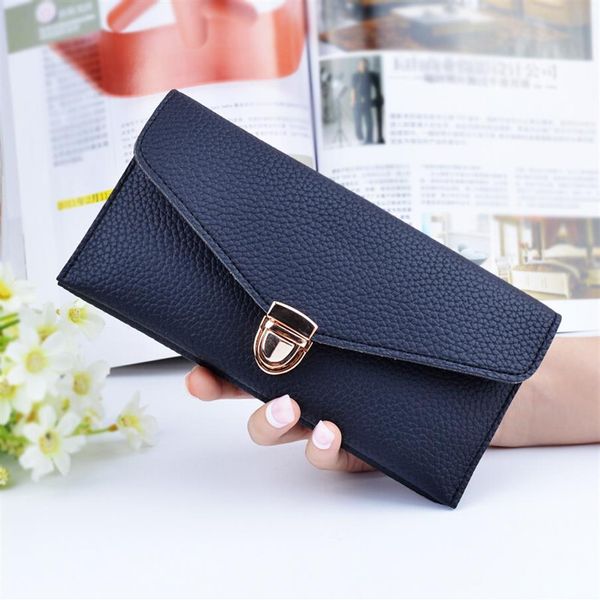 Nuova borsa morbida coreana da donna lunga borsa moda colore puro busta pulsante portafoglio Litchi Wallet2764