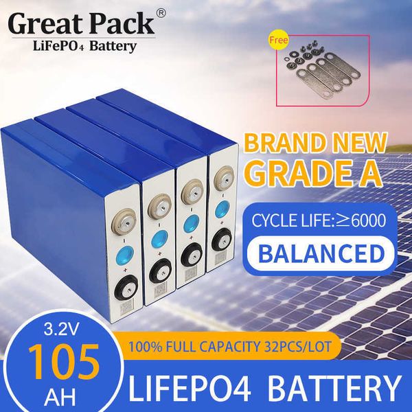 Wiederaufladbar, 32 Stück, 3,2 V, 105 Ah, brandneue Lithium-Ionen-Batteriezelle der Güteklasse A, LiFePO4 Deep Cycle, 100 % Solar-Powerbank mit voller Kapazität