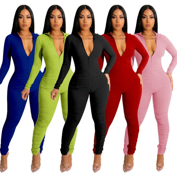 Tute all'ingrosso Donna Autunno Inverno Abbigliamento Bodycon Pagliaccetti Manica lunga Tute solide Abiti interi Tute attillate leggings Casual Streetwear 8701 best q