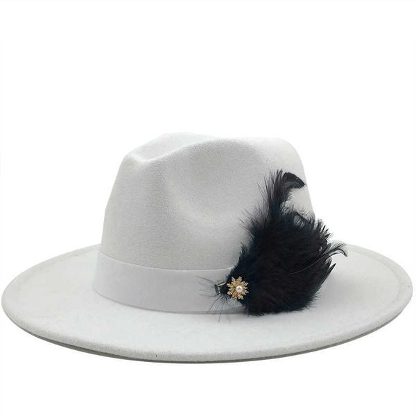 Cimri şapkalar yeni beyaz yün kadın tüy fedora şapkası kış için sonbahar elegantlady disket cloche geniş brim erkek caz kapakları 0103