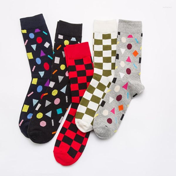 Männer Socken 1 Paar Marke Qualität Herren Glücklich 5 Farben Plaid Diamant Männer Gekämmte Baumwolle Calcetines Largos Hombre