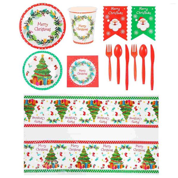 Besteck-Sets: 1 Set Weihnachtsgeschirr, Papiertabletts, Teller, Becher, Wimpelkette