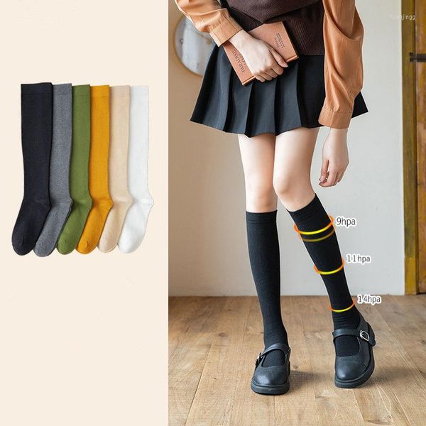 Женщины носки хлопковые Gilrs колено высокий уровень Soild Student Micro Pression Slim Calf School Party Street Tancing Sock 2Pairs