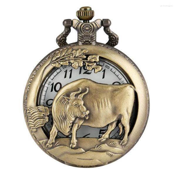 Orologi da taschino Orologio al quarzo mucca zodiaco cinese vintage Collana con ciondolo a metà catena Fob Orologio da collezione antico unisex