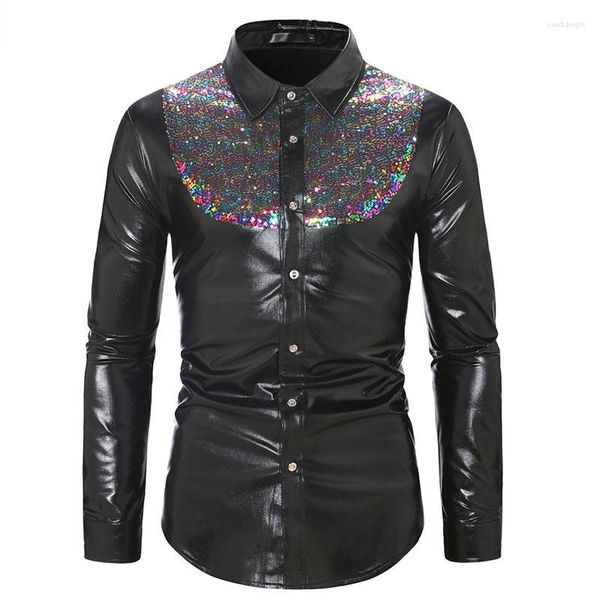 Camicie casual da uomo Arcobaleno Paillettes Metallico Patchwork Glitter Camicia Uomo 2023 Anni '70 Disco Stage Prom Costume Uomo Halloween Party Abbigliamento