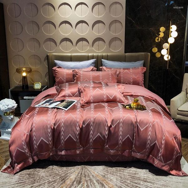 Set di biancheria da letto Set copripiumino da sposa a goccia a righe Set copripiumino in jacquard dorato Federa 4 pezzi Rosso europeo di lusso