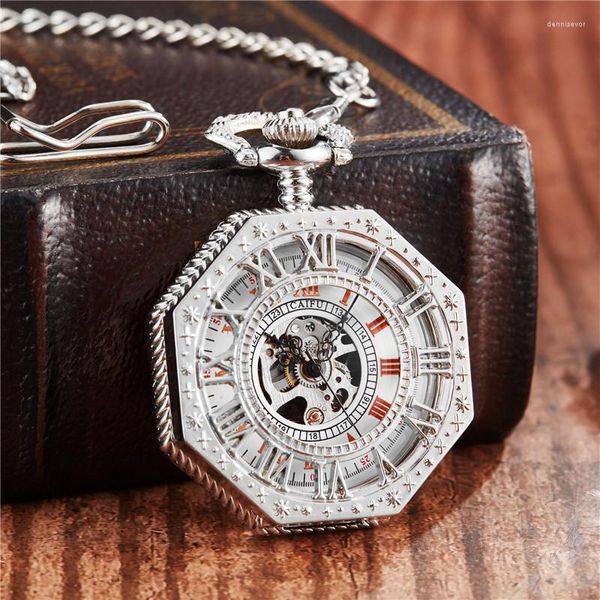 Relógios de bolso Winding Hand Watch Mechanical Men Chain Moda Moda Prata Octagon Shaeleton Escultura FOB Presentes de Natal