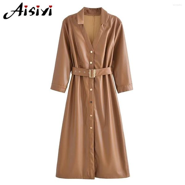 Casual Kleider Herbst Winter Frauen Mode Gürtel Faux Leder Kleid Vintage Langarm Metall Knopf Damen Mantel Vestido