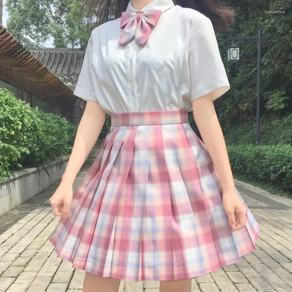 Completi di abbigliamento Donna Gonna scozzese plissettata gotica bianca rosa Gonna coreana a vita alta Mini gonne sexy Scuola Glir Harajuku Cosplay Abito da marinaio anime