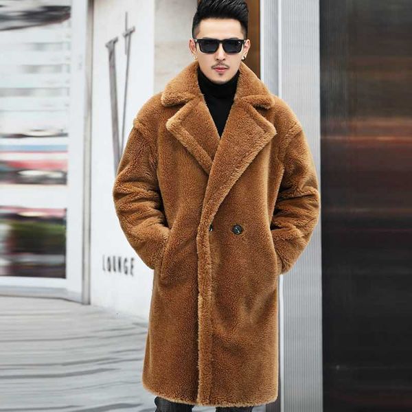 Jaquetas masculinas de couro de inverno quente casaco de ovelha shearling longo alpaca blusão jaqueta de vento 221231