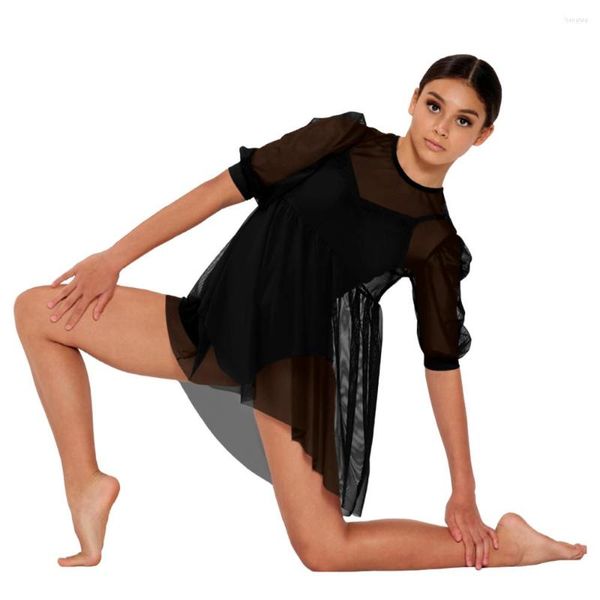 Stage Wear 2-teiliges Babydoll-Netzkleid mit passendem Trikot inklusive Pullover, Minirock, Puffärmel, modernes lyrisches Ballett-Tanzkostüm