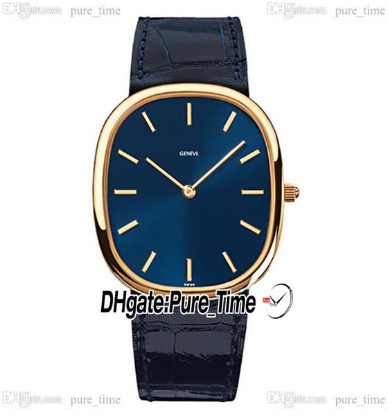 35,6 mm Golden Ellipse 9015 Automatik-Herrenuhr 3738/100J-012, blaues Zifferblatt, Gehäuse aus 18 Karat Gelbgold, Stickmarkierungen, blaues Lederarmband, Herrenuhren PureTime PTPP E261C1