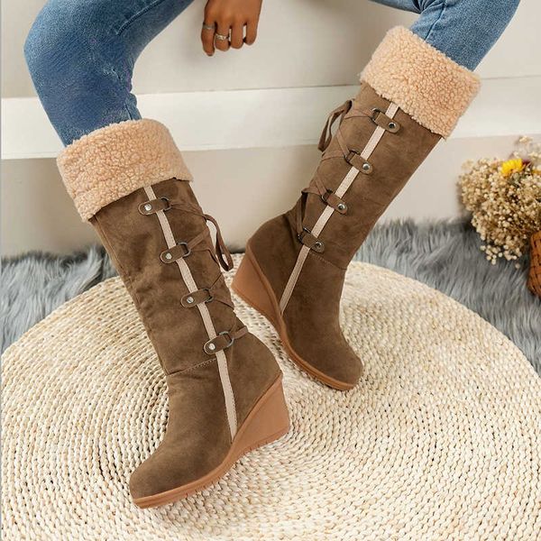 Boots 2023 Winter Fashion Trace-Up Tassel Long Women Women Welge Wedge Snow Watch Cotton Botas Mujer Women's High 221215