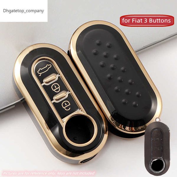 3 botões TPU Gold Edge Car Flip Folding Key Caixa Caixa para Fiat 500 Chave remota Titular do shell Protecor KeyChain Acessórios