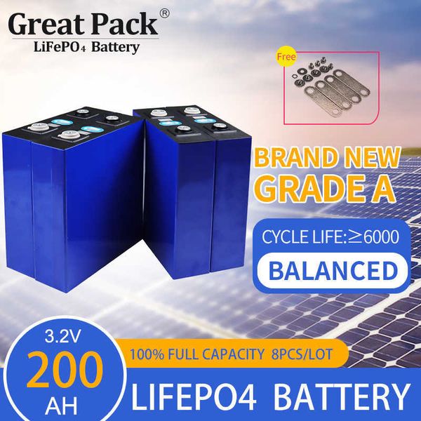 Solar-Powerbank, 8 Stück, 3,2 V, 200 Ah, wiederaufladbare LiFePO4-Batteriezelle, Deep Cycle, 100 % volle Kapazität, brandneues Lithium-Ionen der Güteklasse A