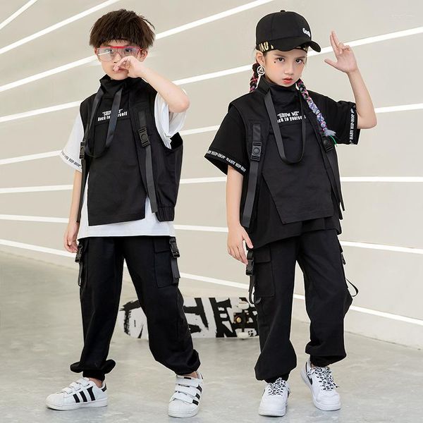 Bühnenkleidung Schwarzes Kind Hip Hop Kleidung T-Shirt Top Taktische Cargohose Ärmellose Jacke Weste Mädchen Jungen Jazz Dance Kostüm Kleidung